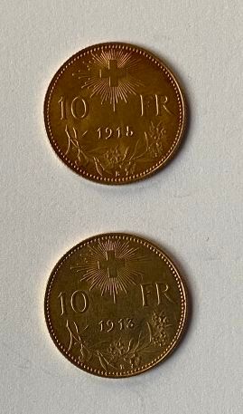 2 monnaies en or: 10 francs suisses 1913B,...