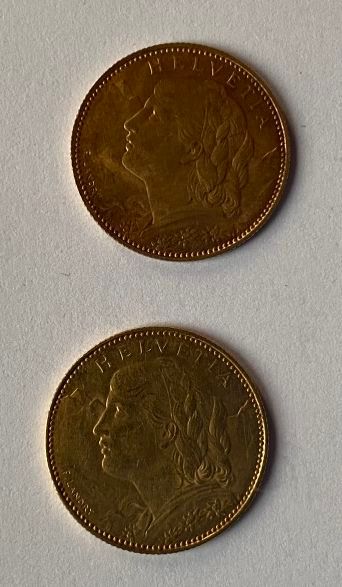 2 monnaies en or: 10 francs suisses 1913B,...