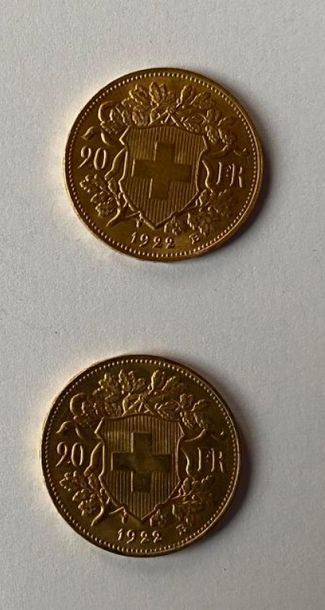 2 monnaies en or: 20 F suisses dates div...