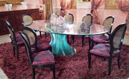 Grande table de salle à manger ovale en verre,...