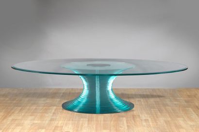 Grande table de salle à manger ovale en verre,...