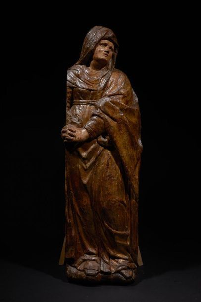 Vierge de Calvaire en bois sculpté en applique,...