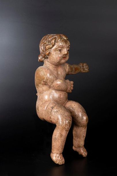 Angelot en bois sculpté en ronde-bosse et...