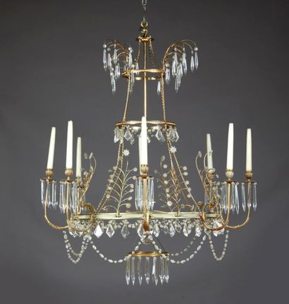 Lustre en bronze doré et verre taillé de...