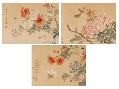 Ensemble de trois peintures, encre et couleurs...