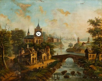 Tableau pendule: personnage devant un village,...