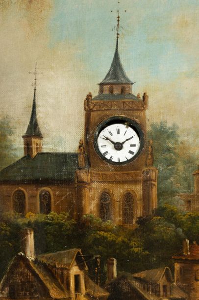 Tableau pendule: personnage devant un village,...