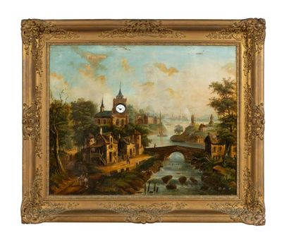 Tableau pendule: personnage devant un village,...