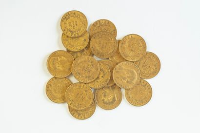 19 monnaies en or : 20 FF N III tête nue...