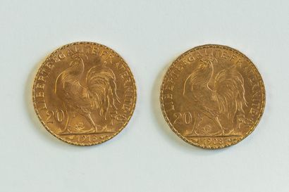 2 monnaies en or: 20 FF coq 1908 et 1913