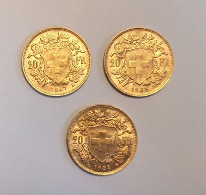 3 monnaies en or: 20 francs suisses