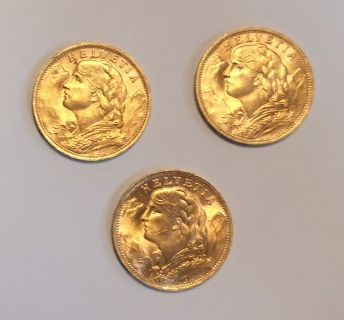 3 monnaies en or: 20 francs suisses