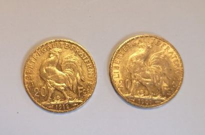 2 monnaies en or: 20 FF coq 1907 et 1912