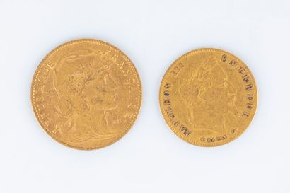 2 monnaies en or: 10 FF 1908 et 5 FF 1866...