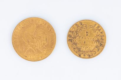 2 monnaies en or: 10 FF 1908 et 5 FF 1866...
