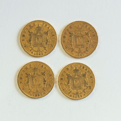 4 monnaies en or : 20 FF N III tête laurée...