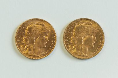 2 monnaies en or: 20 FF coq 1908 et 1913