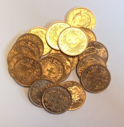 20 monnaies en or: 20 francs suisses