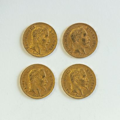 4 monnaies en or : 20 FF N III tête laurée...