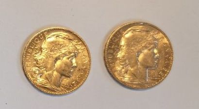 2 monnaies en or: 20 FF coq 1907 et 1912