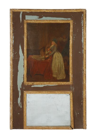 Trumeau en bois peint vert et baguettes dorée,...