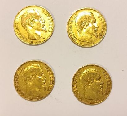 4 monnaies en or : 20 F Napoléon III tête...