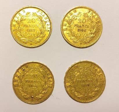 4 monnaies en or : 20 F Napoléon III tête...
