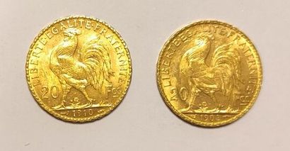 2 monnaies en or : 20F coq (1904 et 1910...