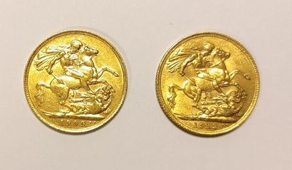 2 monnaies en or: souverains 1909 et 191...