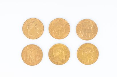 6 monnaies en or : 20 F (1853, 1858, 1865,...