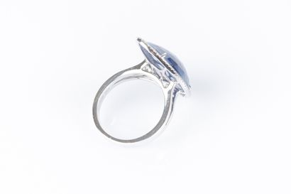 Bague en or gris sertie d'un saphir facetté...