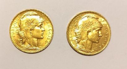 2 monnaies en or : 20F coq (1904 et 1910...
