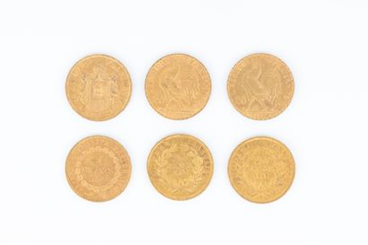 6 monnaies en or : 20 F (1853, 1858, 1865,...