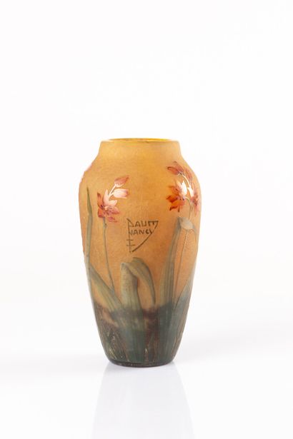 DAUM Nancy. Glass vase, enamelled engraved...