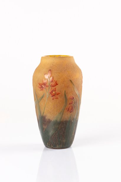 DAUM Nancy. Glass vase, enamelled engraved...