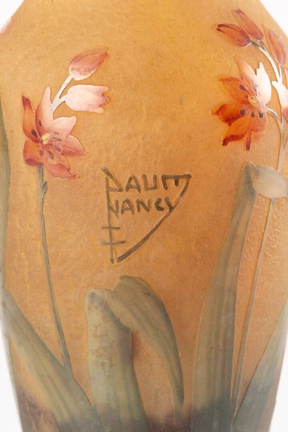 DAUM Nancy. Glass vase, enamelled engraved...