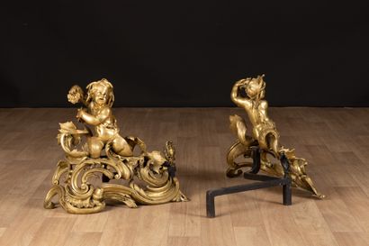Paire de grands chenets en bronze doré à...