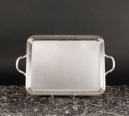 Plateau rectangulaire à anses en argent à...