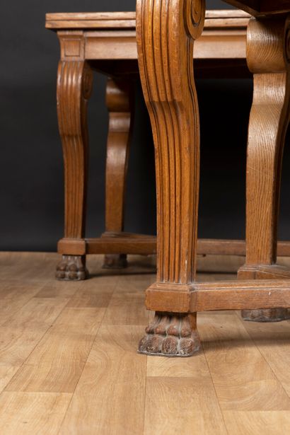Pair of light oak display tables, fluted...