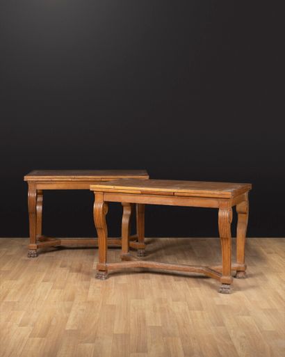 Pair of light oak display tables, fluted...
