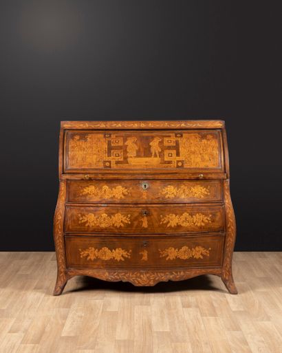 Commode cylindre en bois de placage marquetée,...