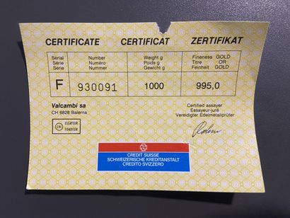 Gold ingot n°F930091. Certificate Vacambi...