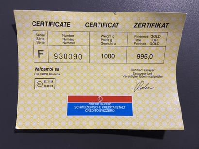 Gold ingot n°F930090. Vacambi nv certificate....