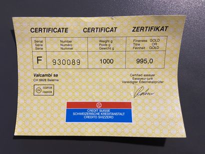 Gold ingot n°F930089. Certificate Vacambi...