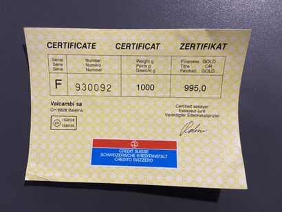 Gold ingot n°F930092. Certificate Vacambi...