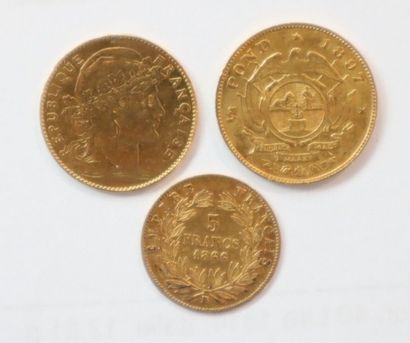 3 monnaies or : 1 pièce de 10 francs or Marianne...