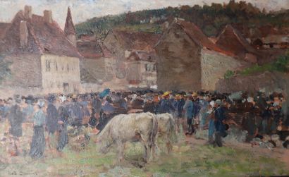 Noël SAUNIER (1847-1890) Village scene. Oil...