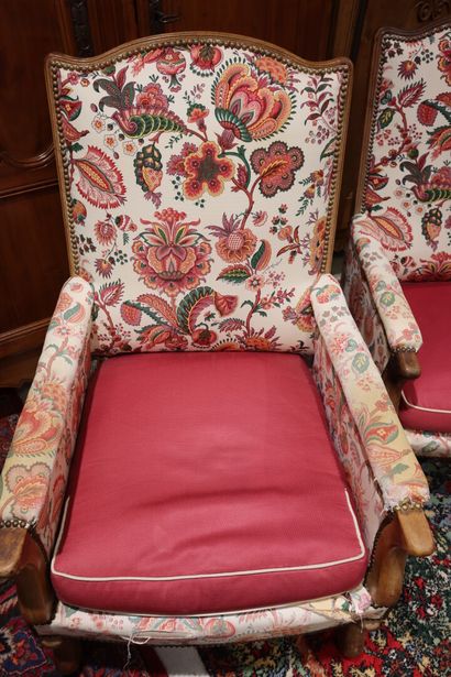 Pair of bergères in natural wood, floral...