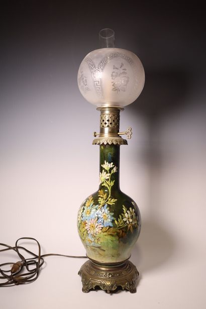 Polychrome ceramic kerosene lamp with flower...