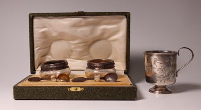Pair of silver mounted salt bowls with salt...
